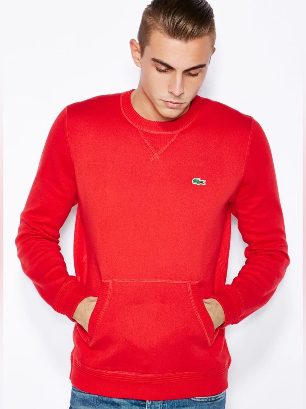 LACOSTE Kangaroo Pocket Sweater Pullover Crew Neck Red Mens L Preppy Collegiate